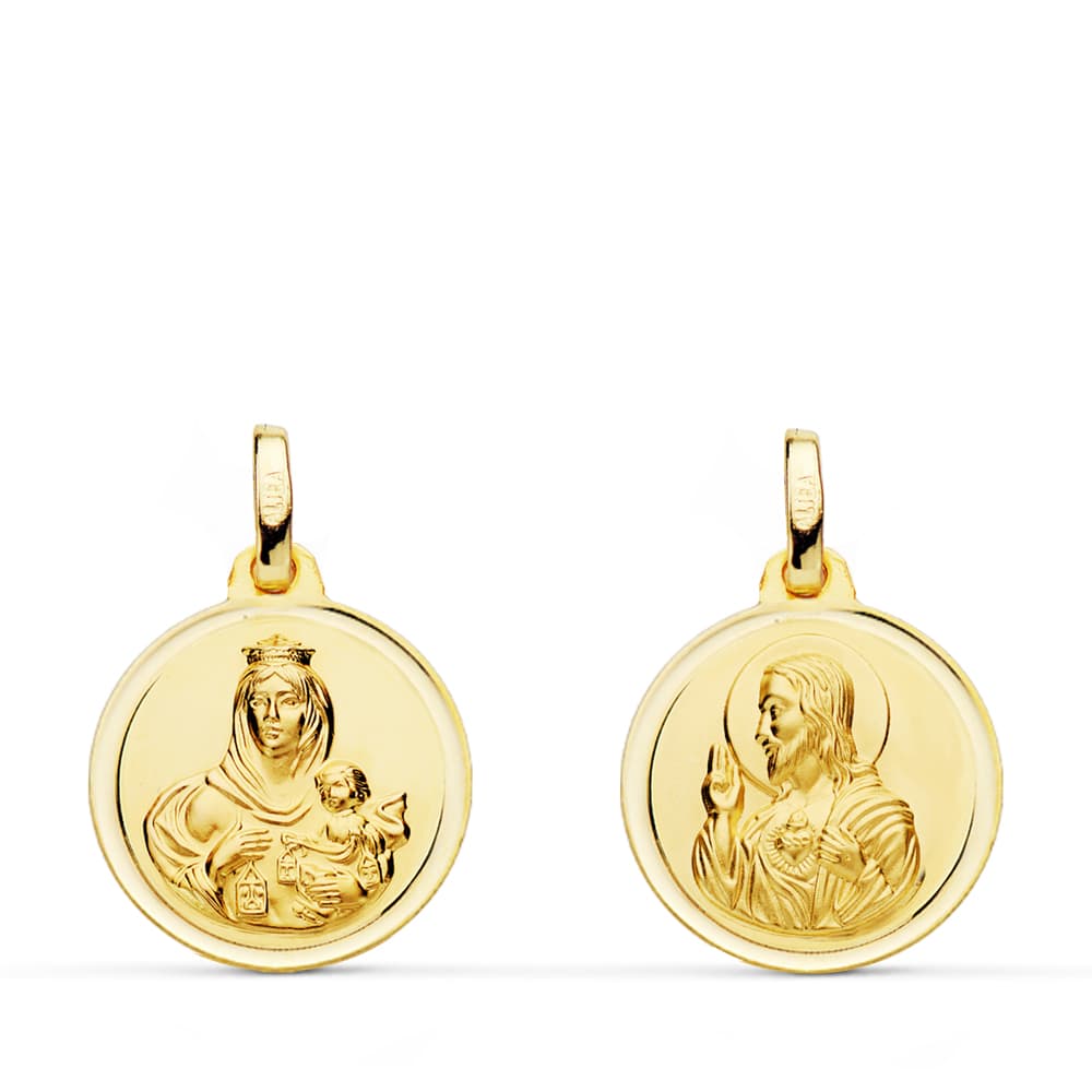 Lunette en Or Jaune 18K Scapulaire Vierge Del Carmen Coeur de Jésus 16 mm