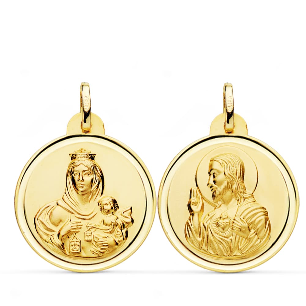 Oro Amarillo 18K Bisel Escapulario Virgen Del Carmen Corazón Jesús 24 mm