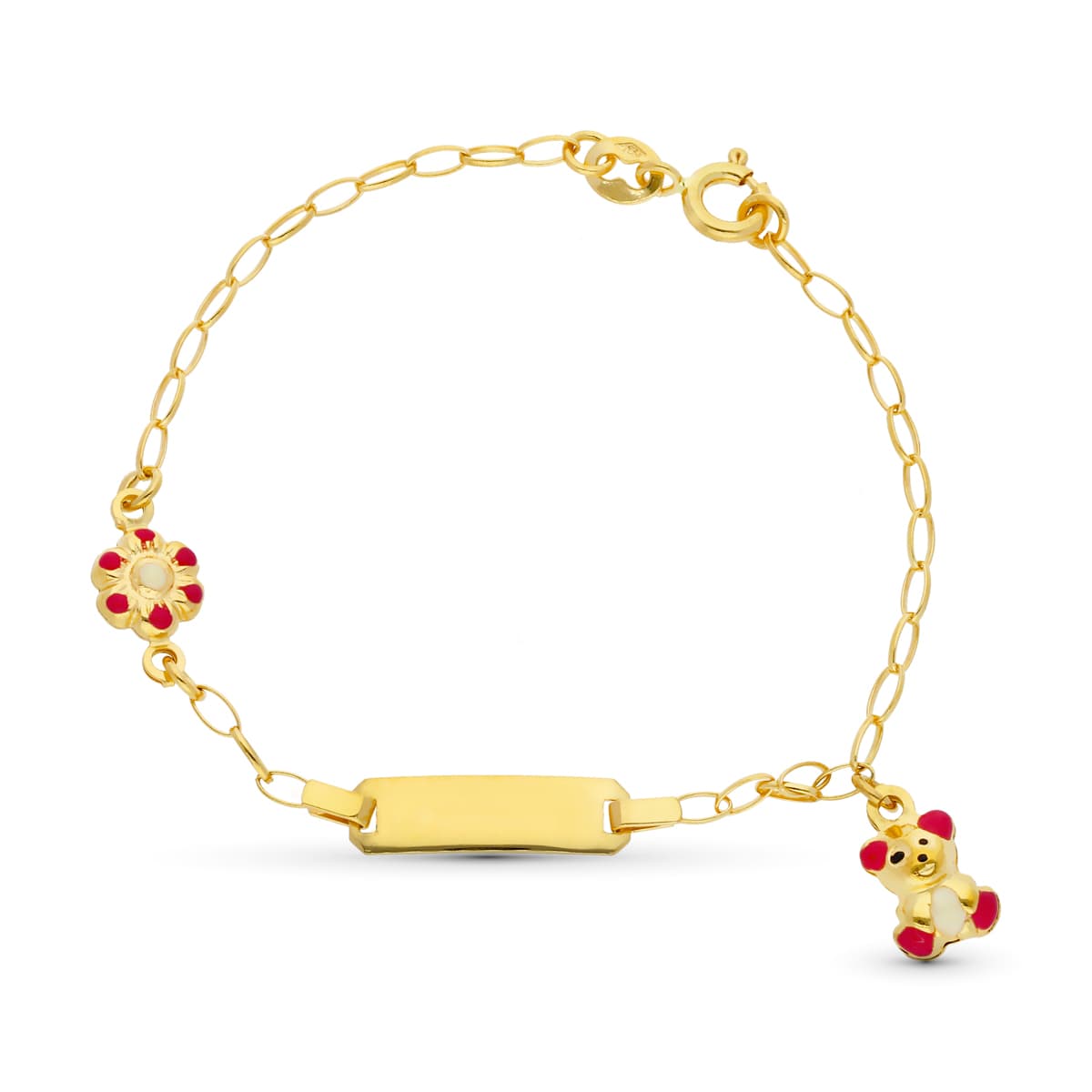 Corrente de meio-fio em ouro amarelo 18K com esmalte de flor e urso 13 cm