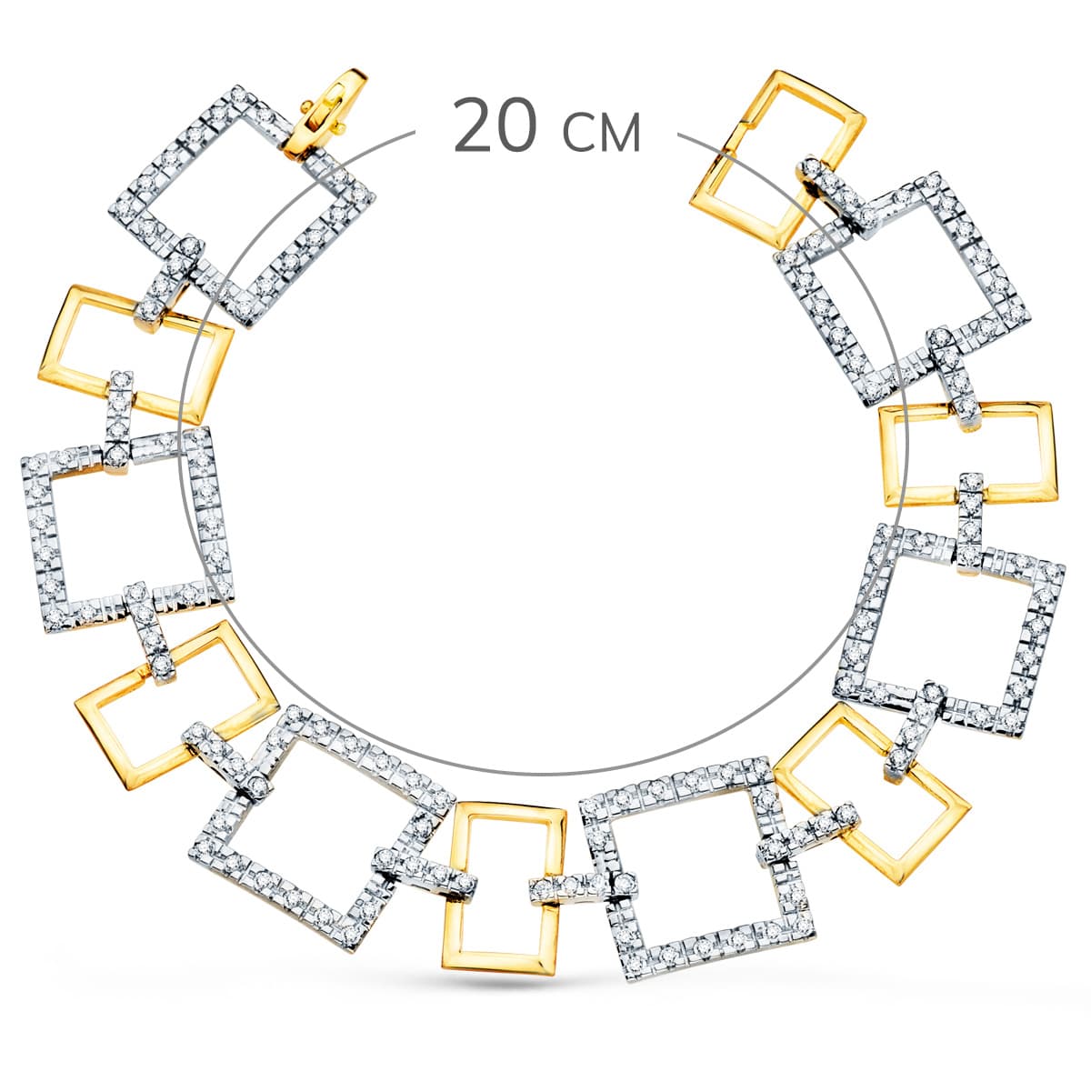 Pulseira 18K em 2 Ouros Quadrados e Motivos com Zircões. 20 cm.