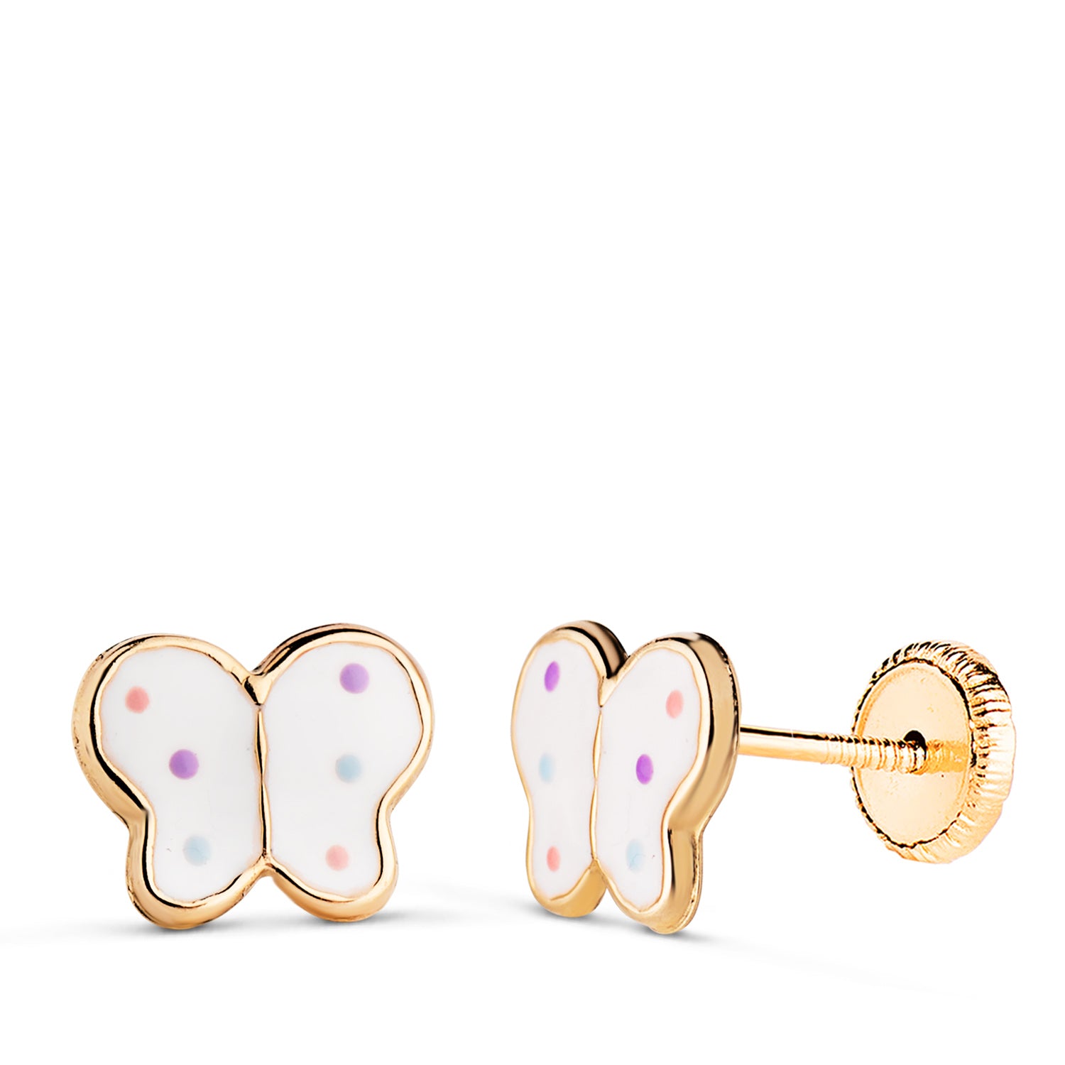 Boucles d'oreilles Or Jaune 18K Papillons Émail Blanc Taille : 8 X 6,5 mm Fermoir a Vis