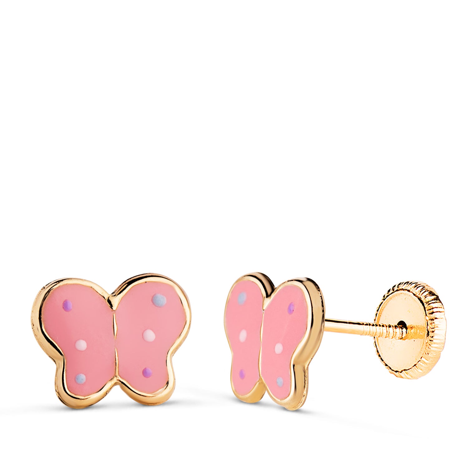 18K gul guld sommerfugleøreringe Pink emalje Størrelse: 8 x 6,5 mm skruelås