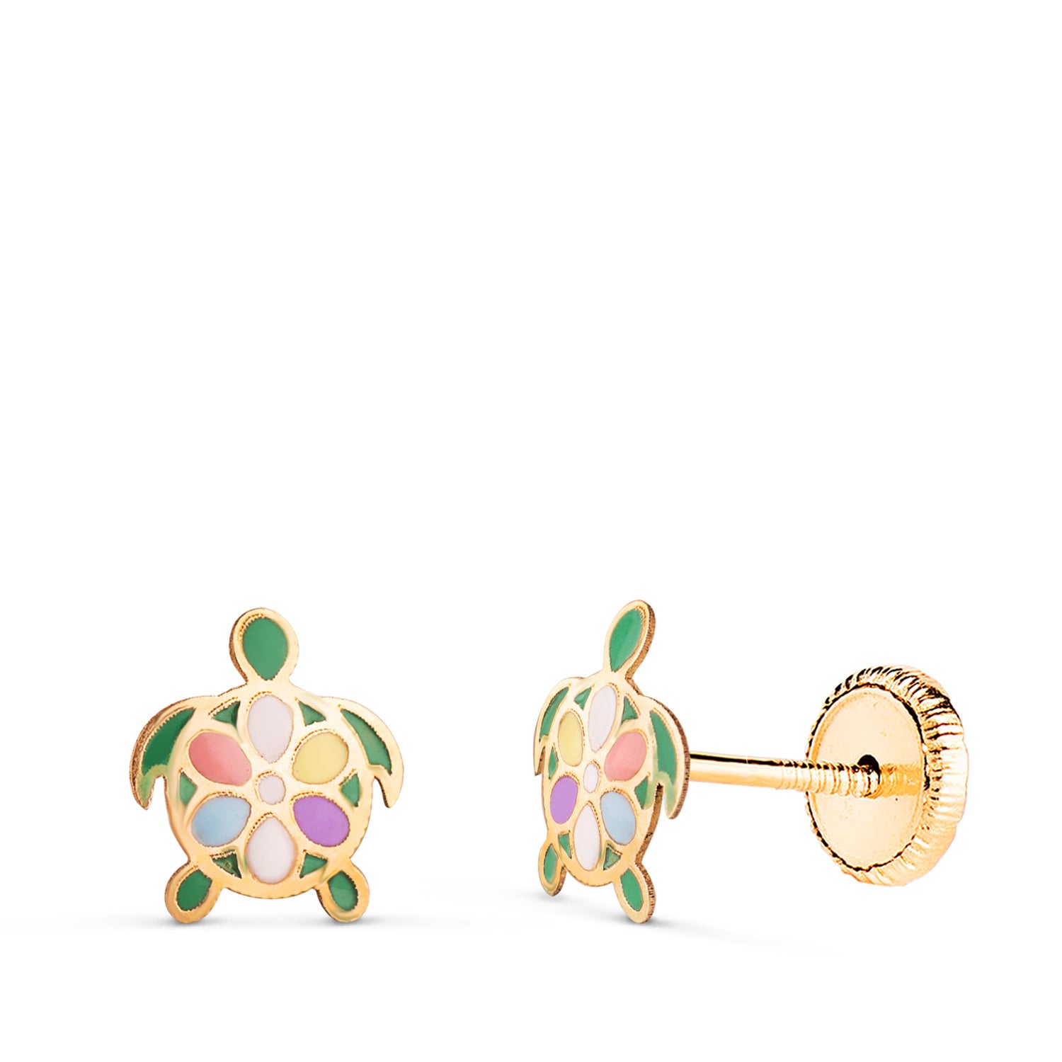 Pendientes Tortuga Esmaltada en Oro Amarillo de 18K Tamaño: 7,5 x 6,5 mm Cierre de Rosca