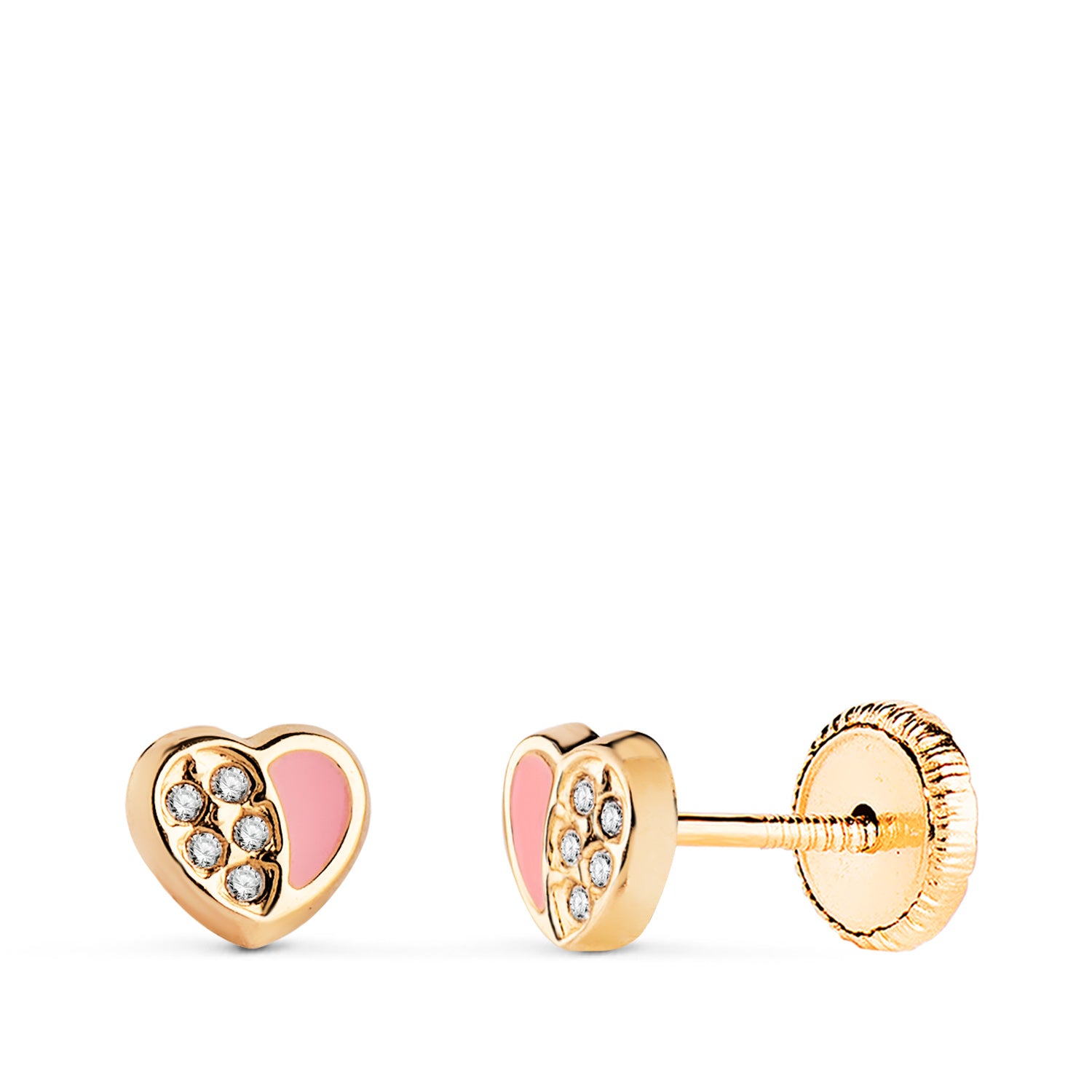 Boucles d'oreilles C?ur en Or Jaune 18K avec Émail Rose et Zircone 5,5X5 mm Fermoir a Vis
