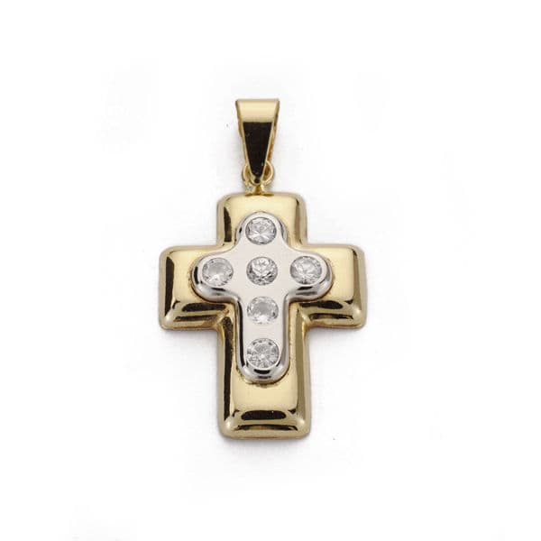 18K Croix avec Zircons en Or Bicolore 22 X 15 mm