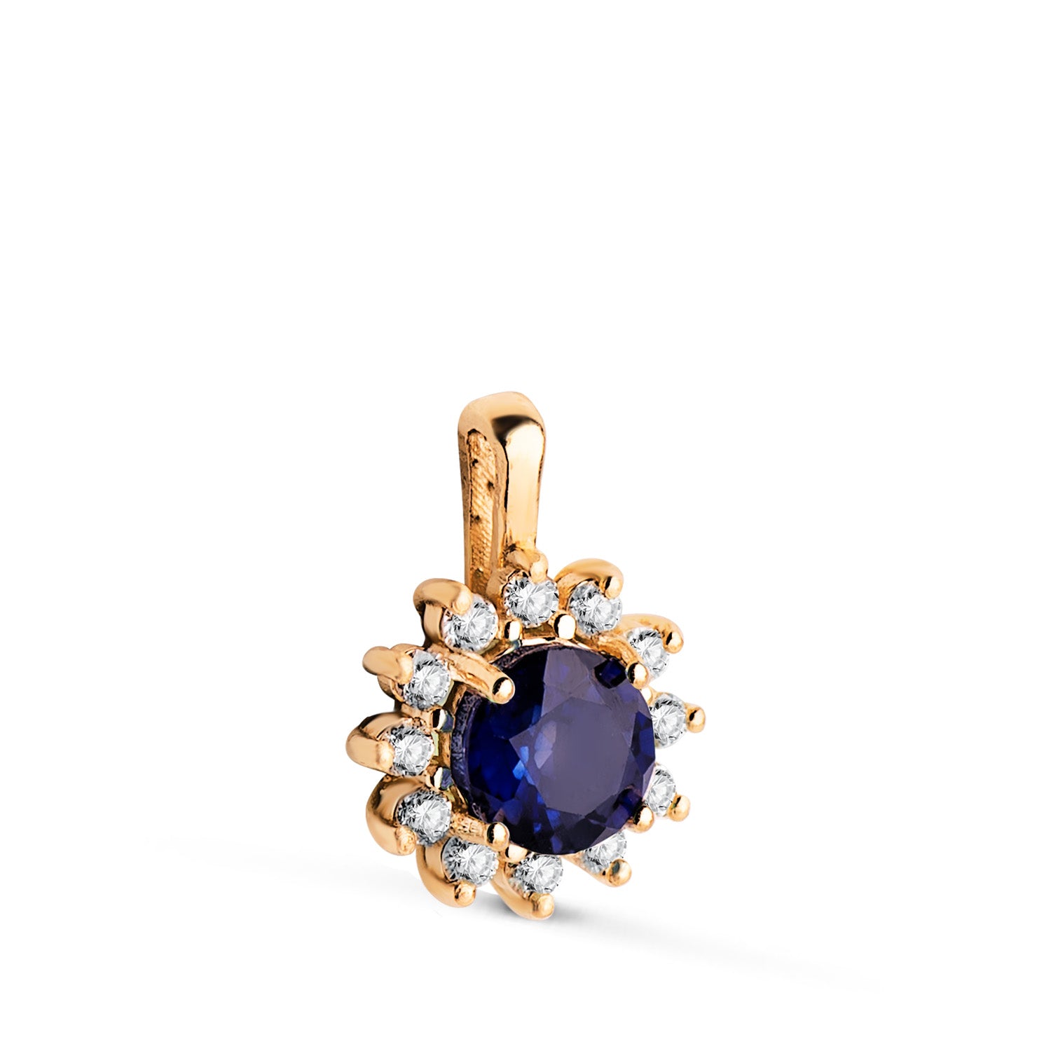 Pendentif en Or Jaune 18K 12 Diamants de Laboratoire et Saphir de 5 mm 0.56 Ct 0.170 Ct VS2-G 13 X 9 mm