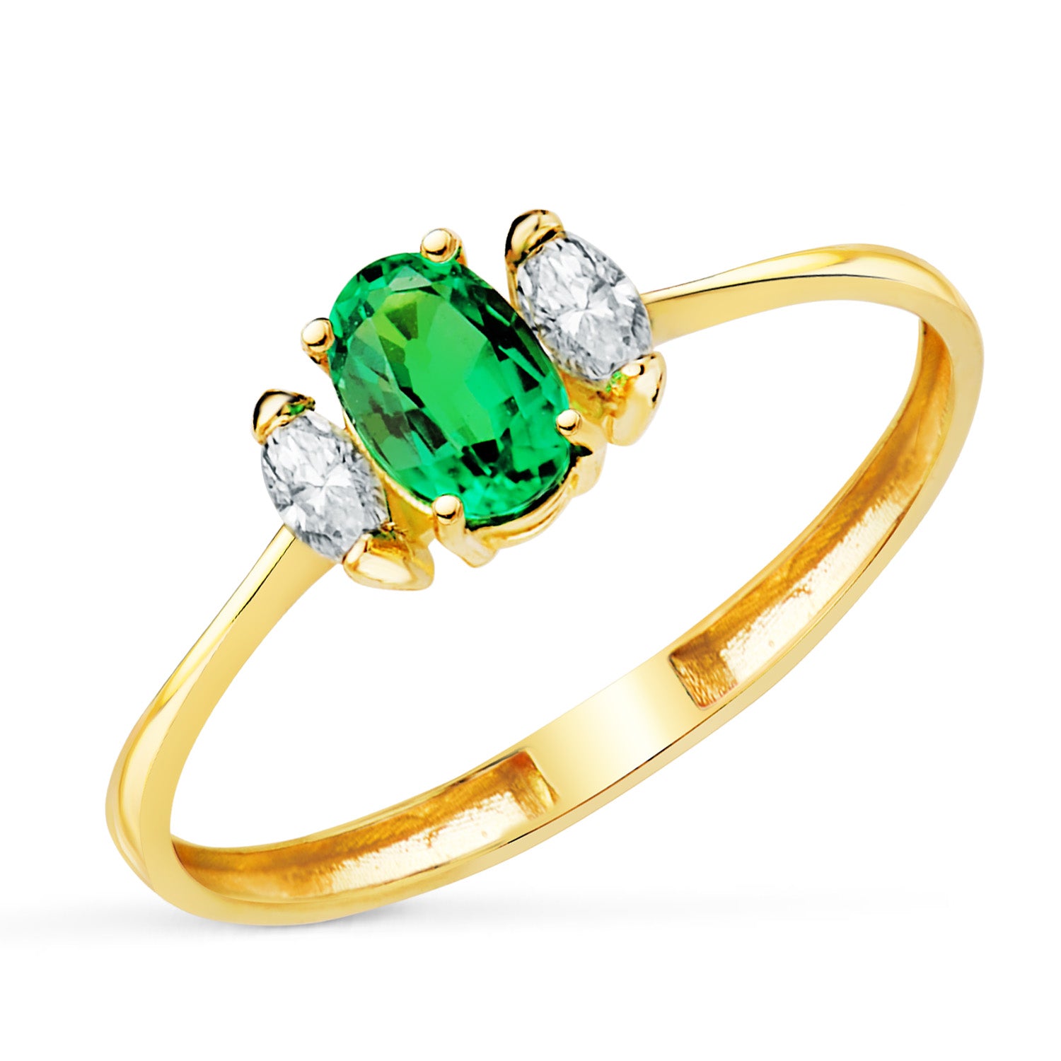 18K Yellow Gold Ring Recrystallized Emerald 6X4 mm 0.40 Ct and Lab Diamonds 0.134 Ct E - VS2