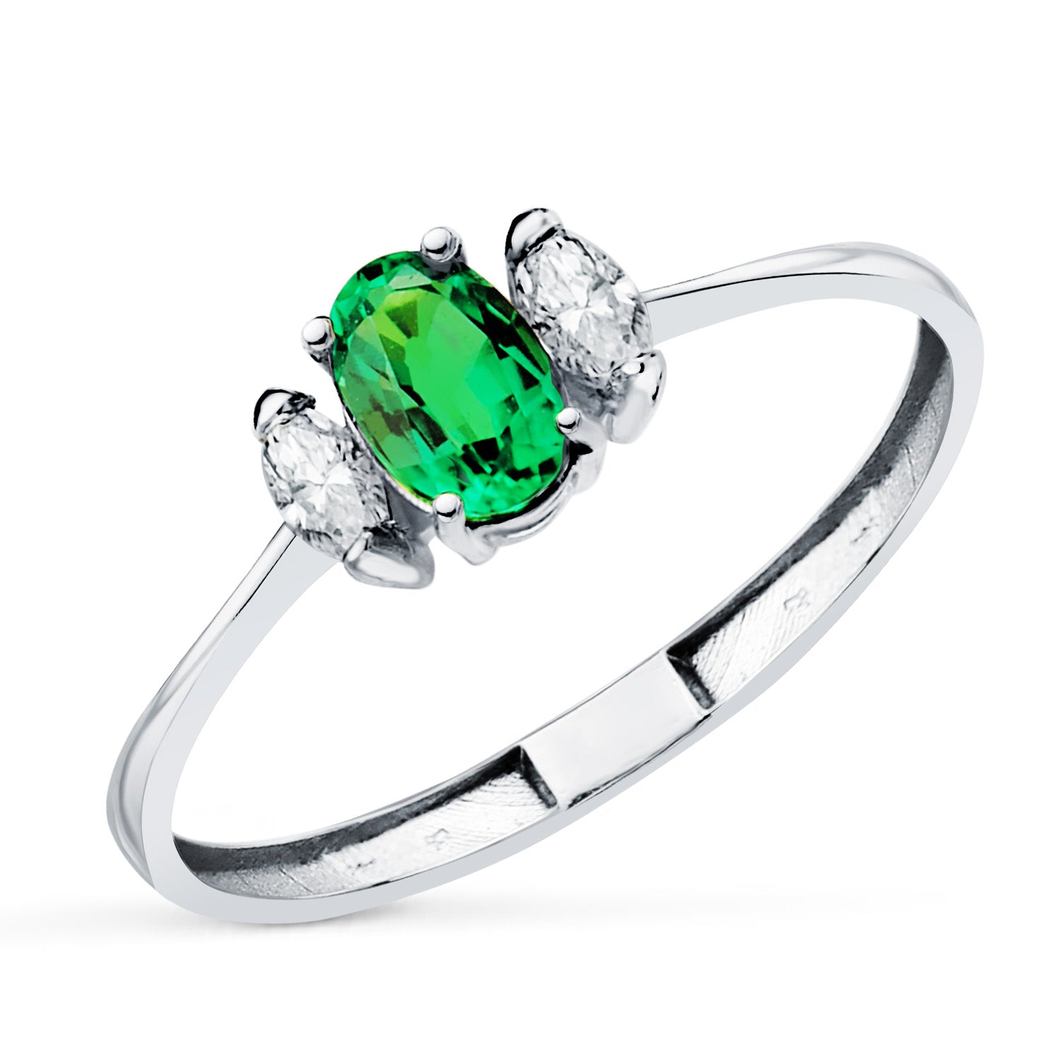 Bague en Or Blanc 18K Émeraude Recristallisée 6X4 mm 0,40 Ct et Diamants de Laboratoire 0,134 Ct VS2 - E