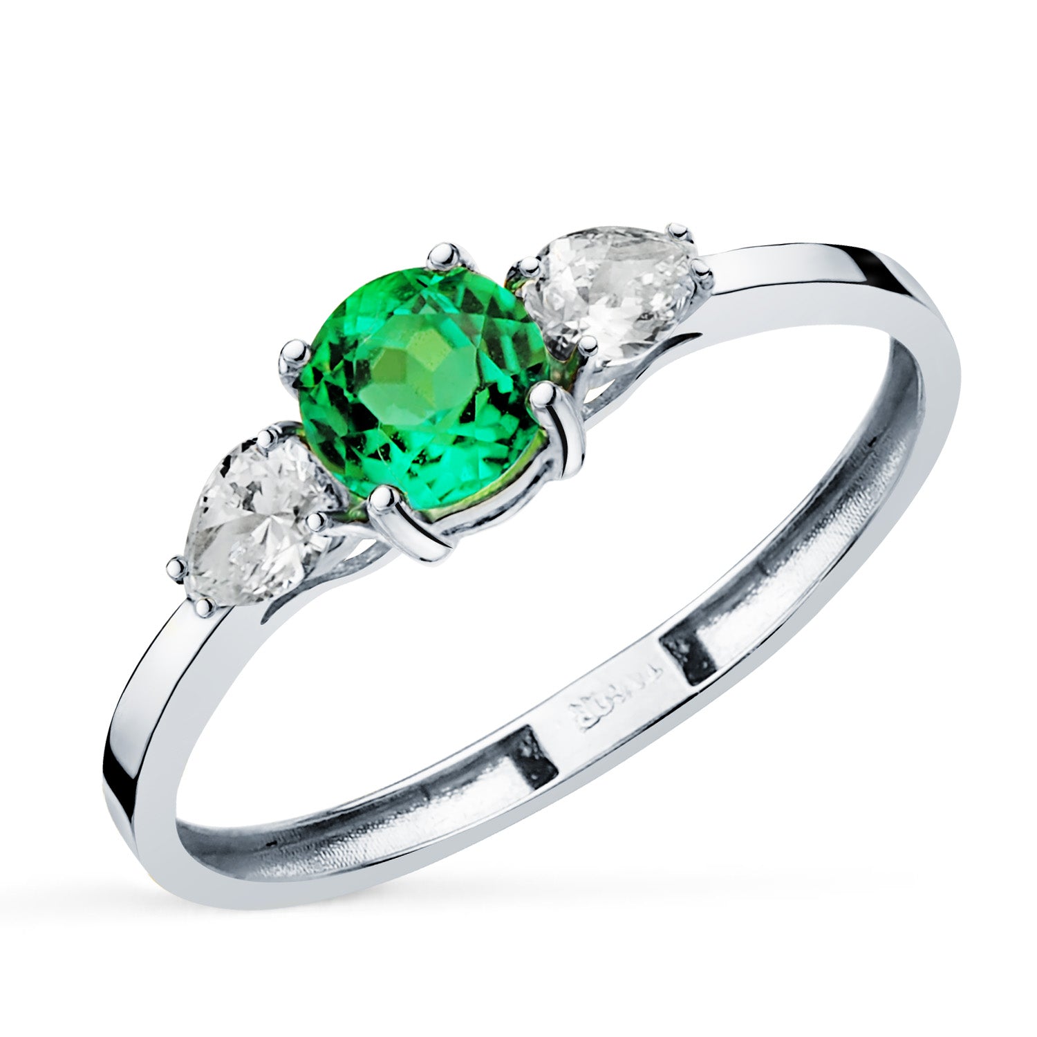 18K witgouden ring met 5 mm herkristalliseerde smaragd 0,48 ct en peergeslepen labdiamanten 0,29 ct VS2 - E