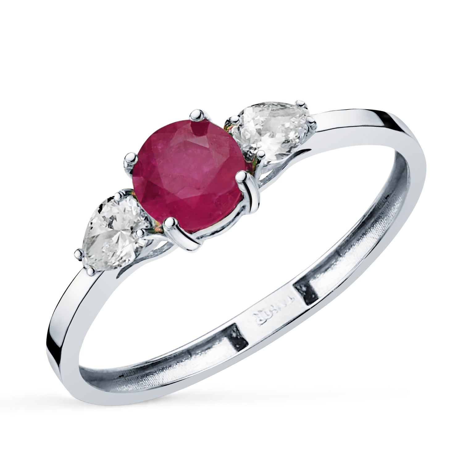 Bague en Or Blanc 18K Rubis Naturel 5 mm 0,65 Ct et Diamants de Laboratoire Taille Poire 0,29 Ct VS2 - E