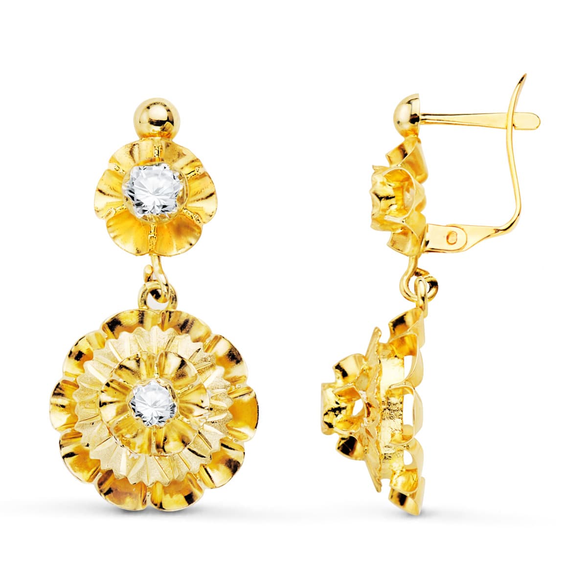 18K Boucles d'oreilles en Or Jaune et Oxyde de Zirconium. 27X13 mm