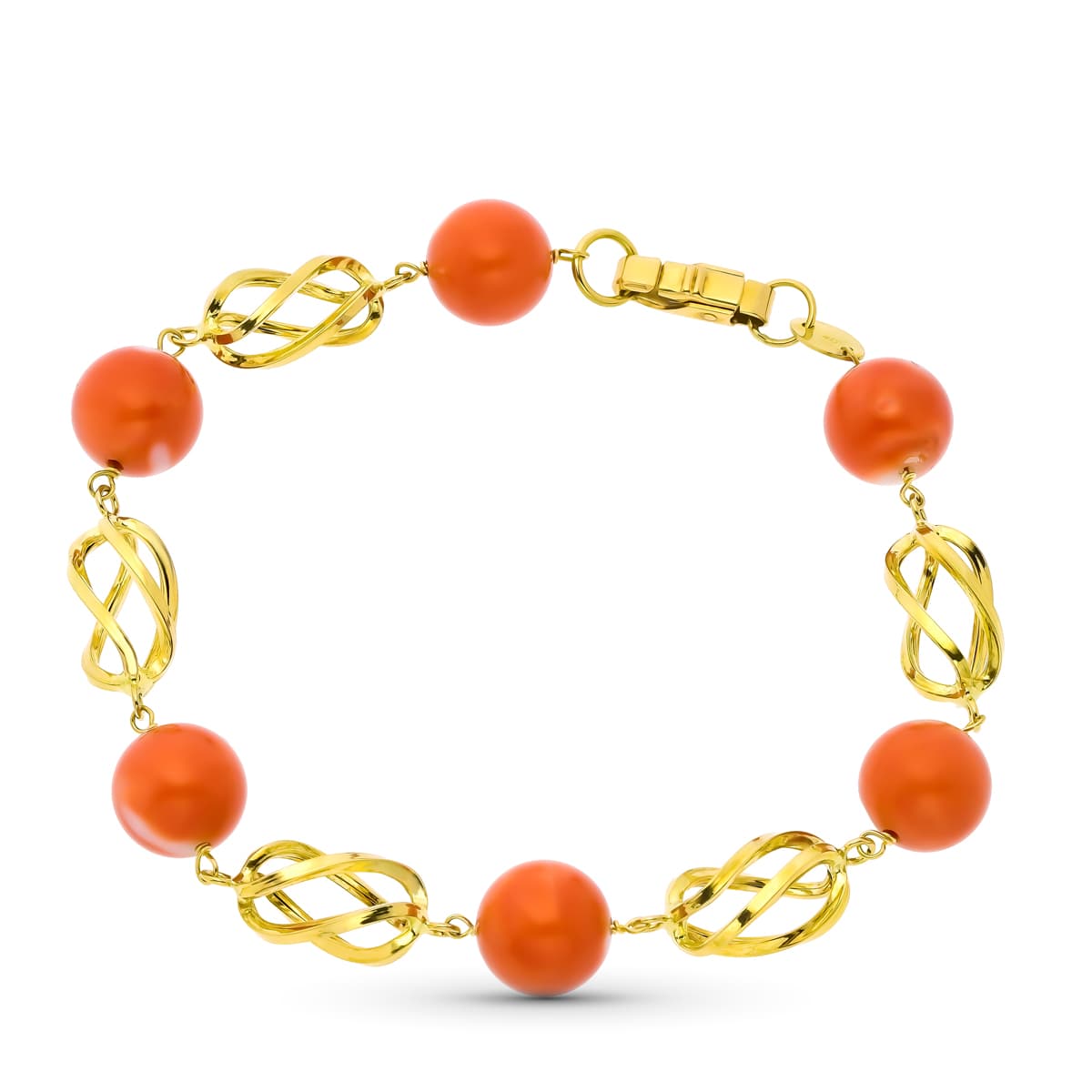 Bracciale in oro giallo 18 carati e corallo. 10,5 mm20 cm.