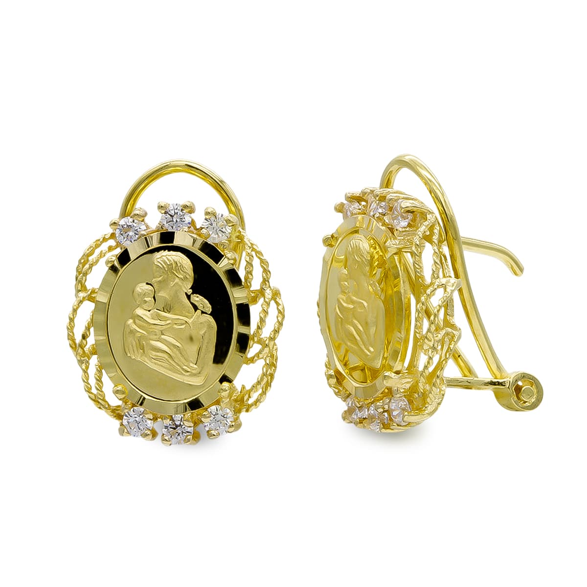 Boucles d'oreilles Or Jaune 18K Pièce Mère Zircon Fermoir Omega