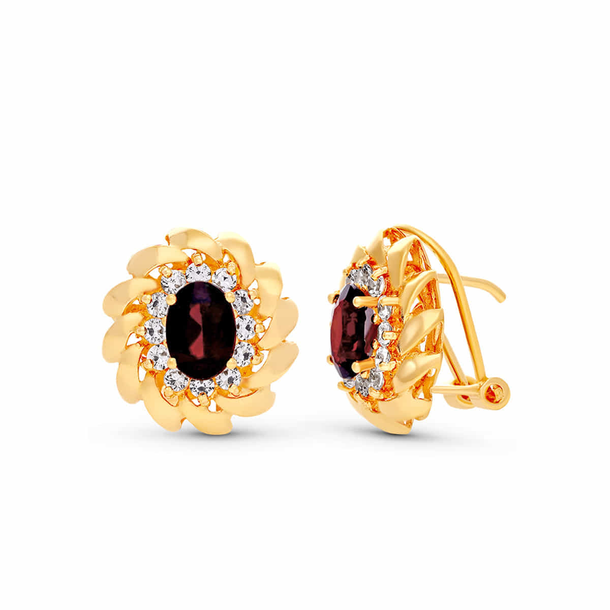 Boucles d'oreilles en Or Jaune 18K avec Pierre Grenat et Zircon Cubique 15 X 14 mm Fermoir Omega