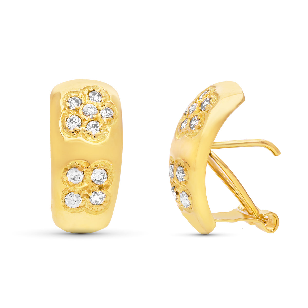Boucles d'oreilles Or Jaune 18K Fleurs Zircone 17X8 mm Fermoir Omega