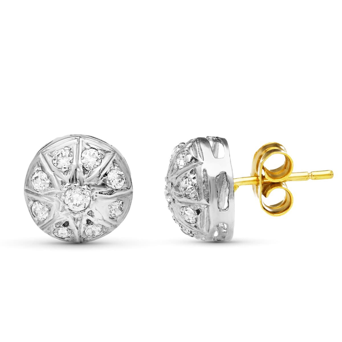Pendientes de Oro Bicolor de 18K y Circonitas de 9 mm con Cierre de Mariposa