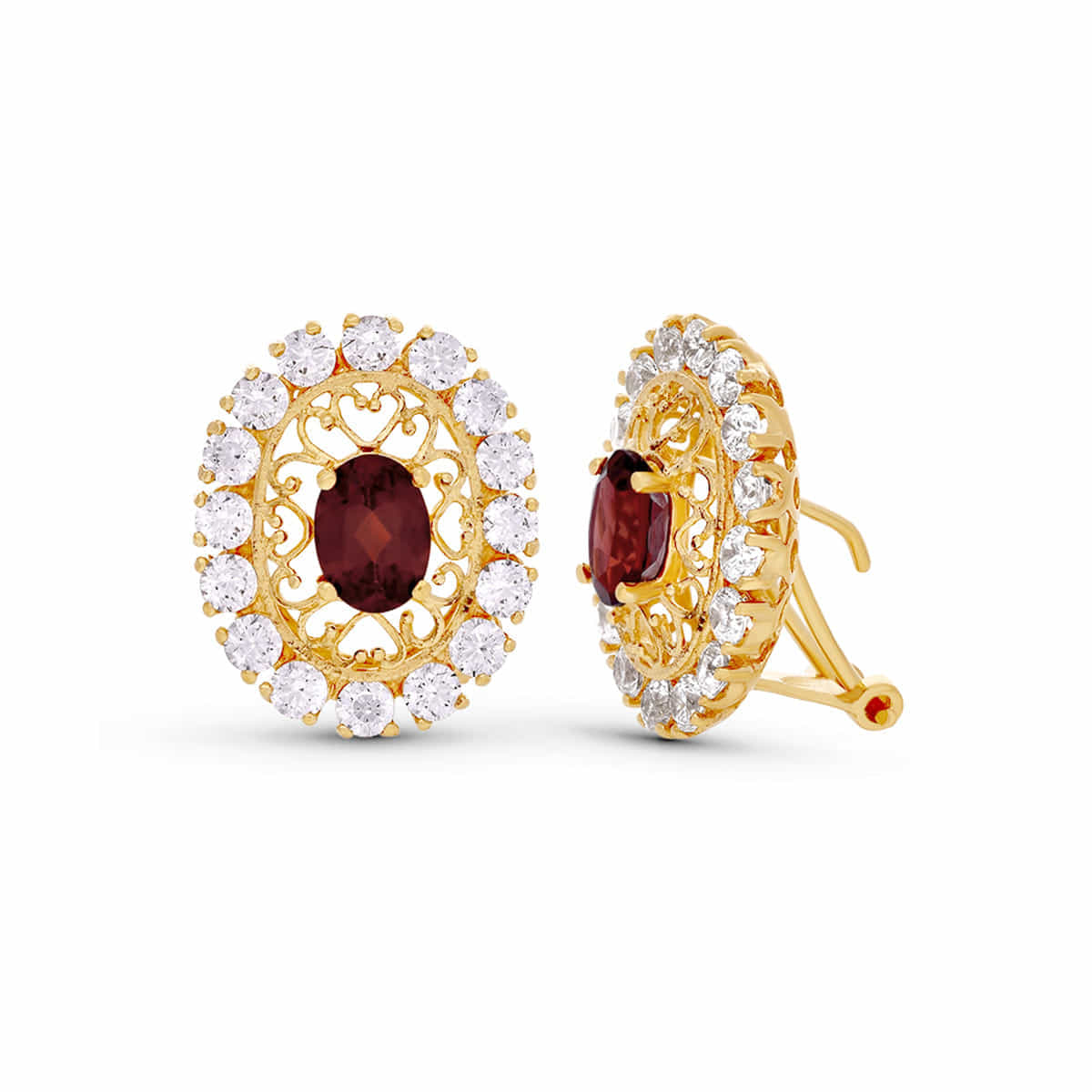 Boucles d'oreilles en Or Jaune 18K avec Pierre Grenat et Zircone 19 X 16 mm Fermoir Omega