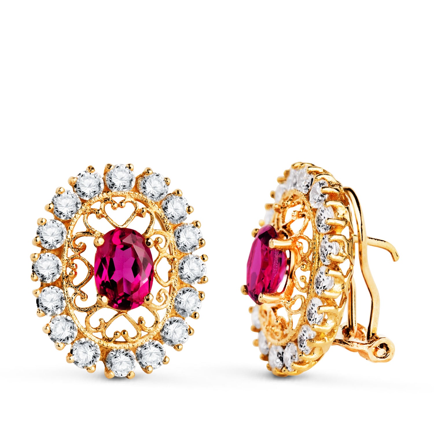 Boucles d'oreilles Or Jaune 18K Pierre Rose 7X5 mm avec Zircon Taille: 19X16 Mm. Fermoir Omega