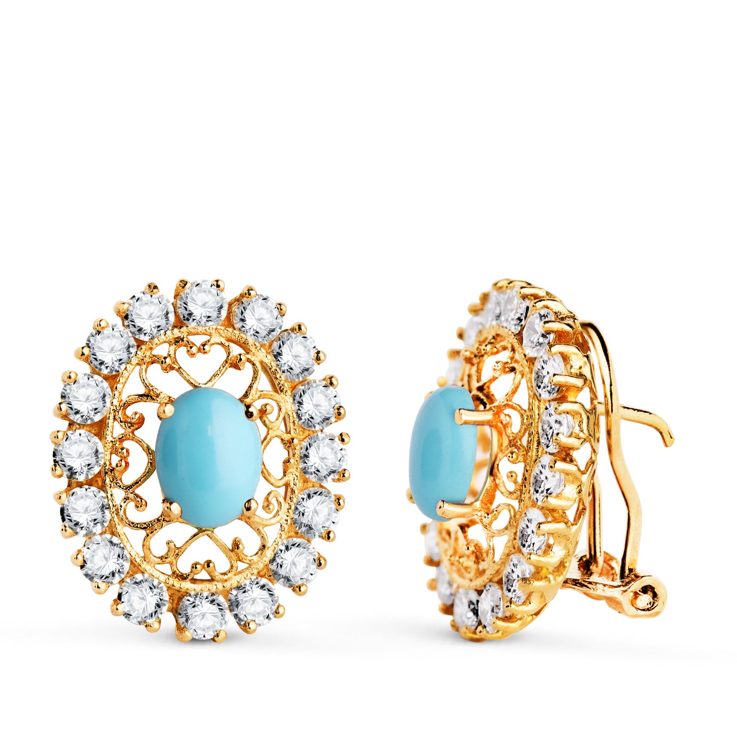 Boucles d'oreilles Or Jaune 18K Pierre Turquoise 7X5 mm avec Zircon Mesure: 19X16 Mm. Fermoir Omega