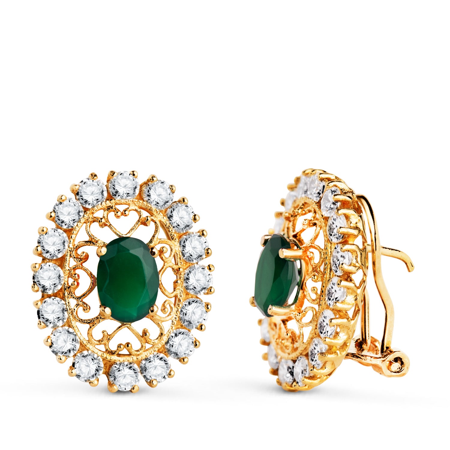 18K sárga arany fülbevaló zöld kő 7X5 mm cirkonnal Méret: 19X16 mm. Omega Clasp