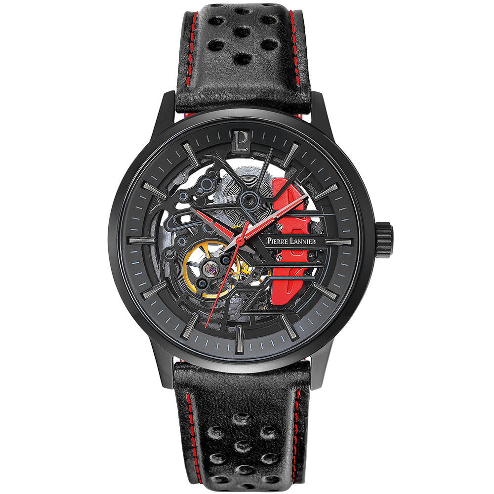 Relógio masculino Pierre Lannier PADDOCK com caixa de aço preta e pulseira de couro preta 338A433