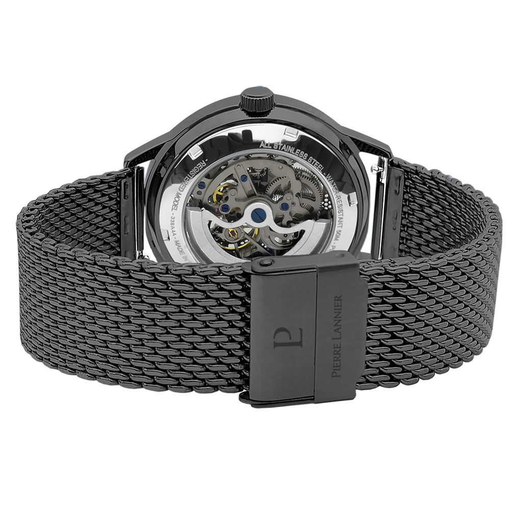 Halfmat zwarte wijzerplaat, grijs/gele wijzers, zwarte bezel Pierre Lannier 338A449