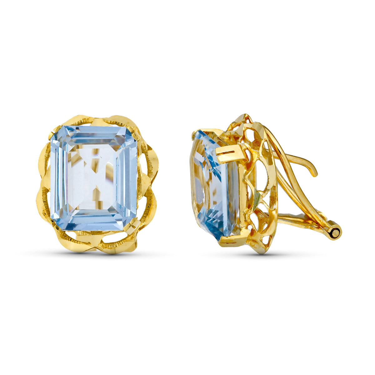 Boucles d'oreilles Or Jaune 18K Aigue-marine Panier 12X10 mm Fermoir Omega