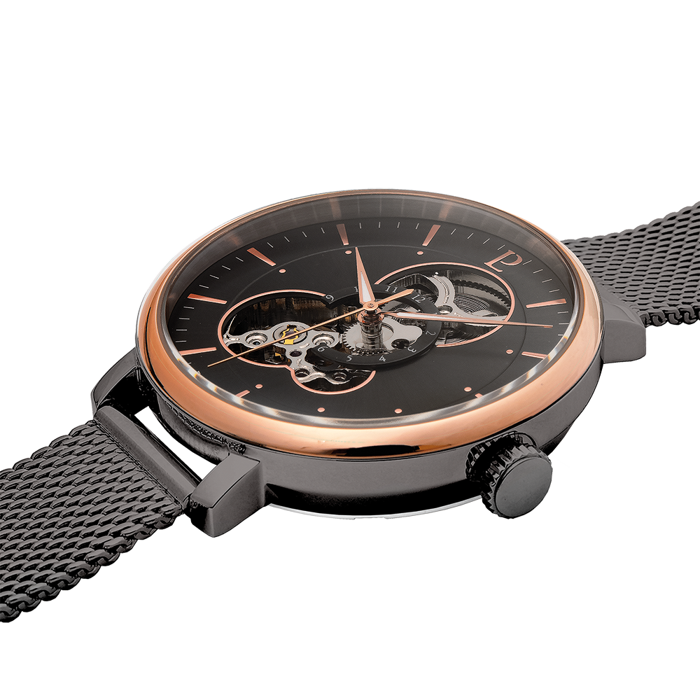 Glanzende grijze wijzerplaat, roségouden wijzers, elegante bezel Pierre Lannier 349A739