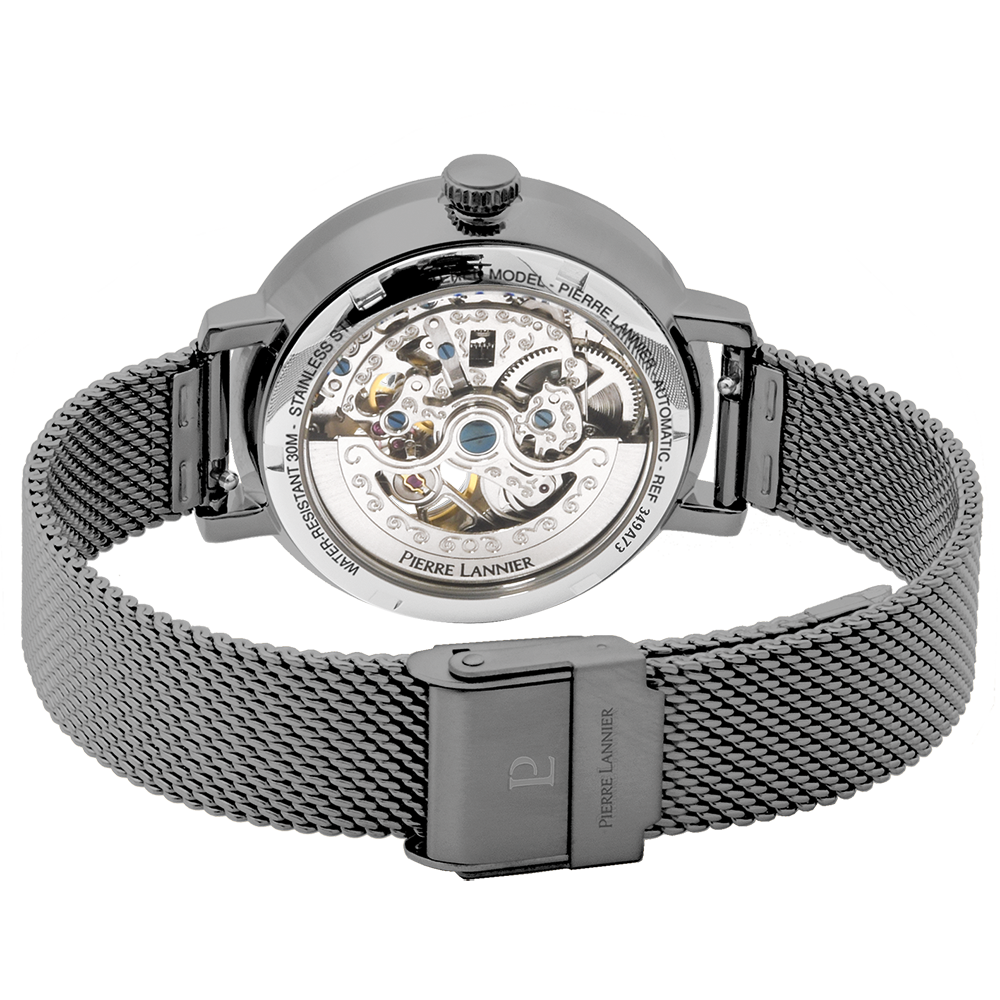 Glanzende grijze wijzerplaat, roségouden wijzers, elegante bezel Pierre Lannier 349A739
