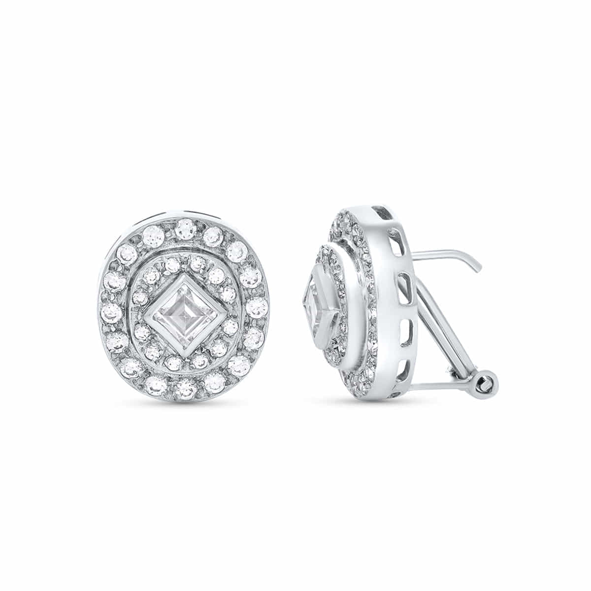 Boucles d'oreilles Or Blanc 18K Mariée Ou Demoiselle Dhonneur Zirconia 16X14 mm Fermoir Omega