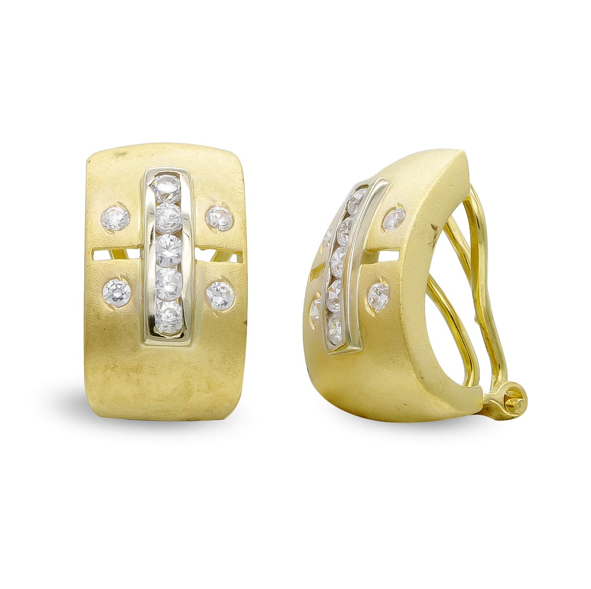 Brincos em ouro bicolor 18K e zircônia com fecho Omega