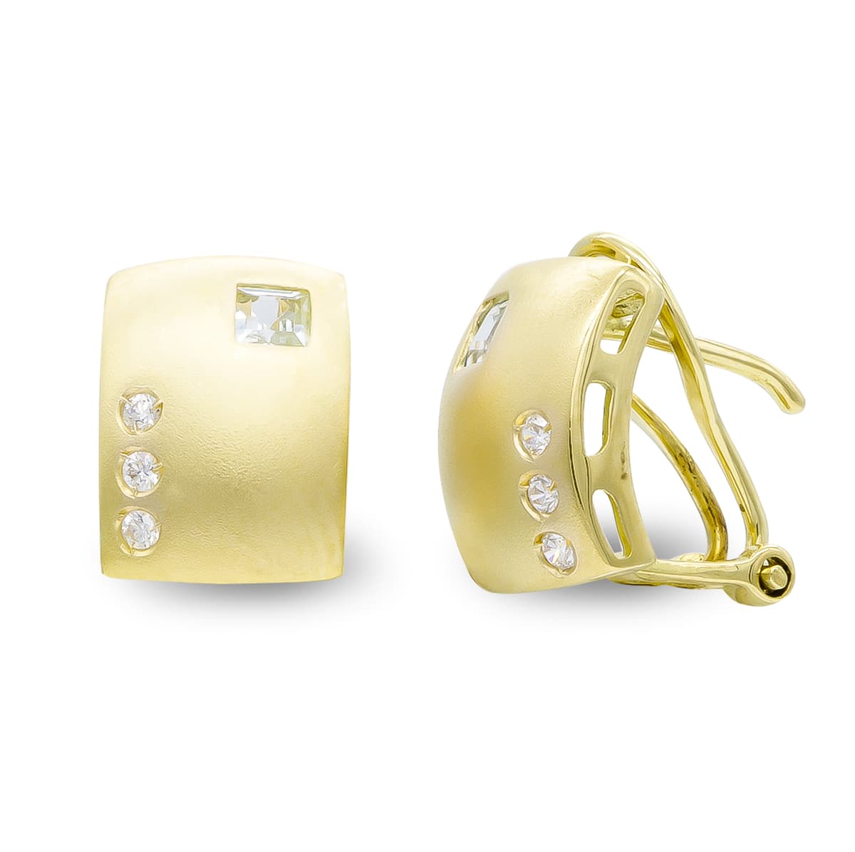 Boucles d'oreilles en Or Jaune 18K avec Carreaux et Zircone Mats et Brillants Fermoir Omega