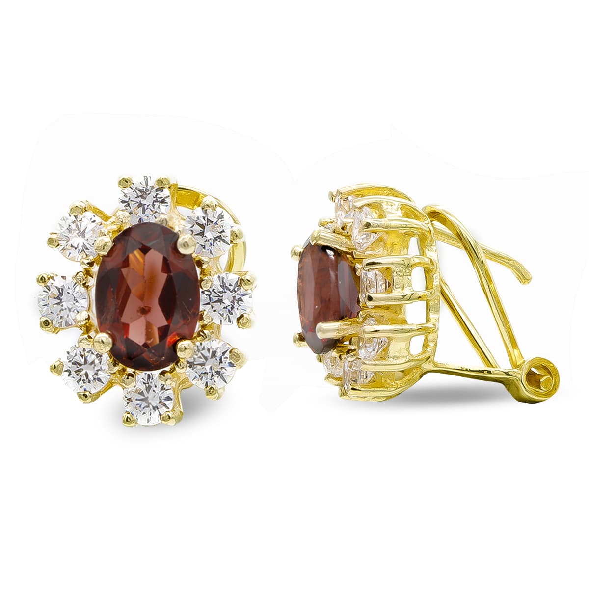 18K Boucles d'oreilles Or Jaune Grenat 7 X 5 mm Zircons Fermoir Omega