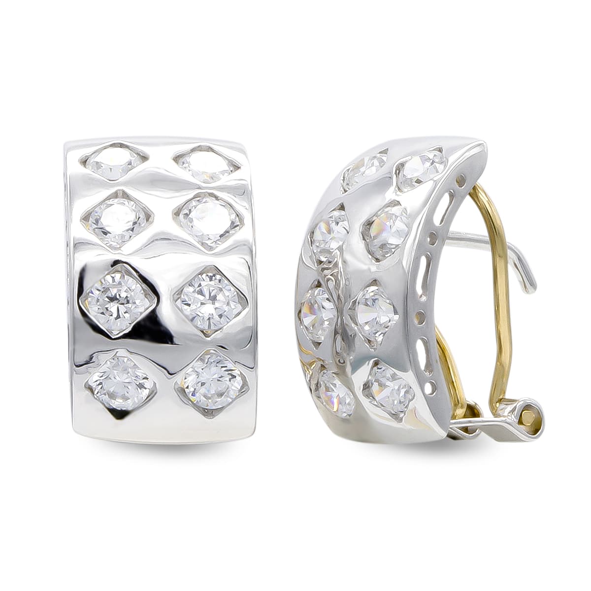 18K Boucles d'oreilles Or Blanc et Zircons 15 X 8 mm Fermoir Omega