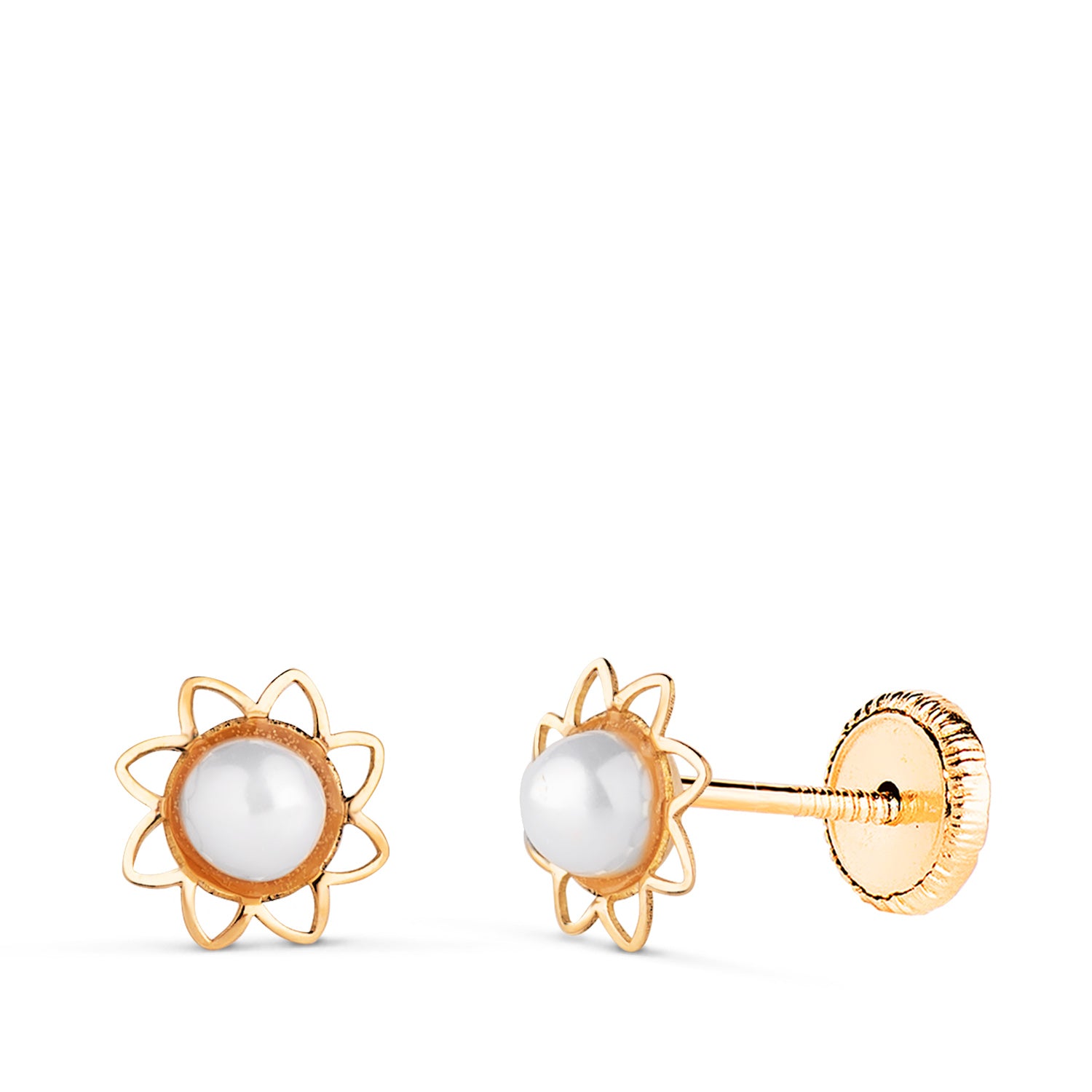 Boucles d'oreilles Or Jaune 18K Fleur Ajourée avec Perle 3MM Taille : 6 mm Fermoir a Vis