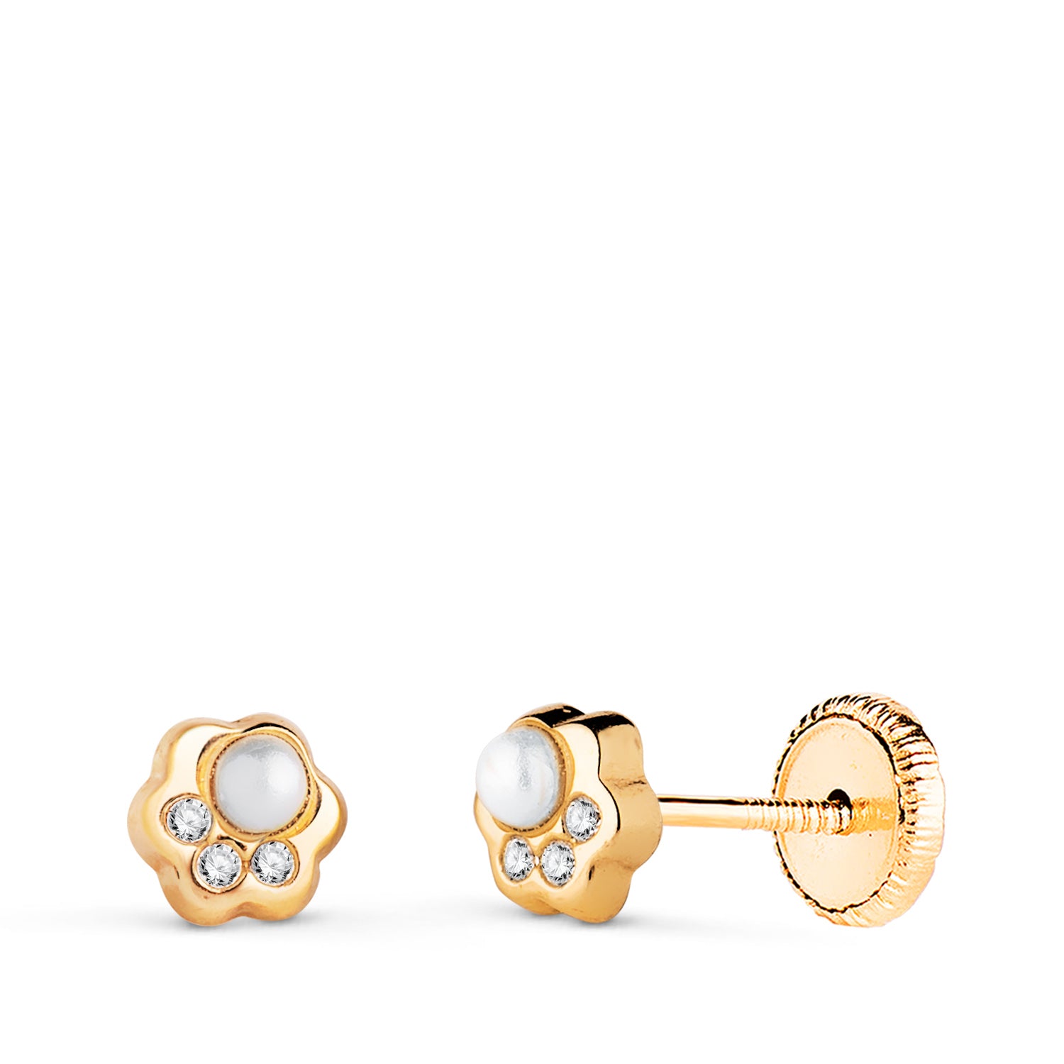 Boucles d'oreilles Or Jaune 18K Fleur avec Perle et Zirconia Taille : 5X4,5 mm Fermoir a Vis