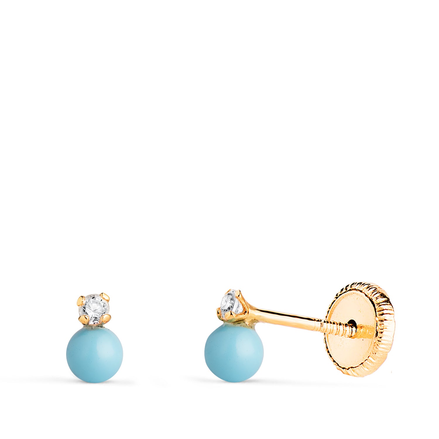 18K Boucles d'oreilles Or Jaune Turquoises et Zircon 5X3 mm Fermoir à Vis