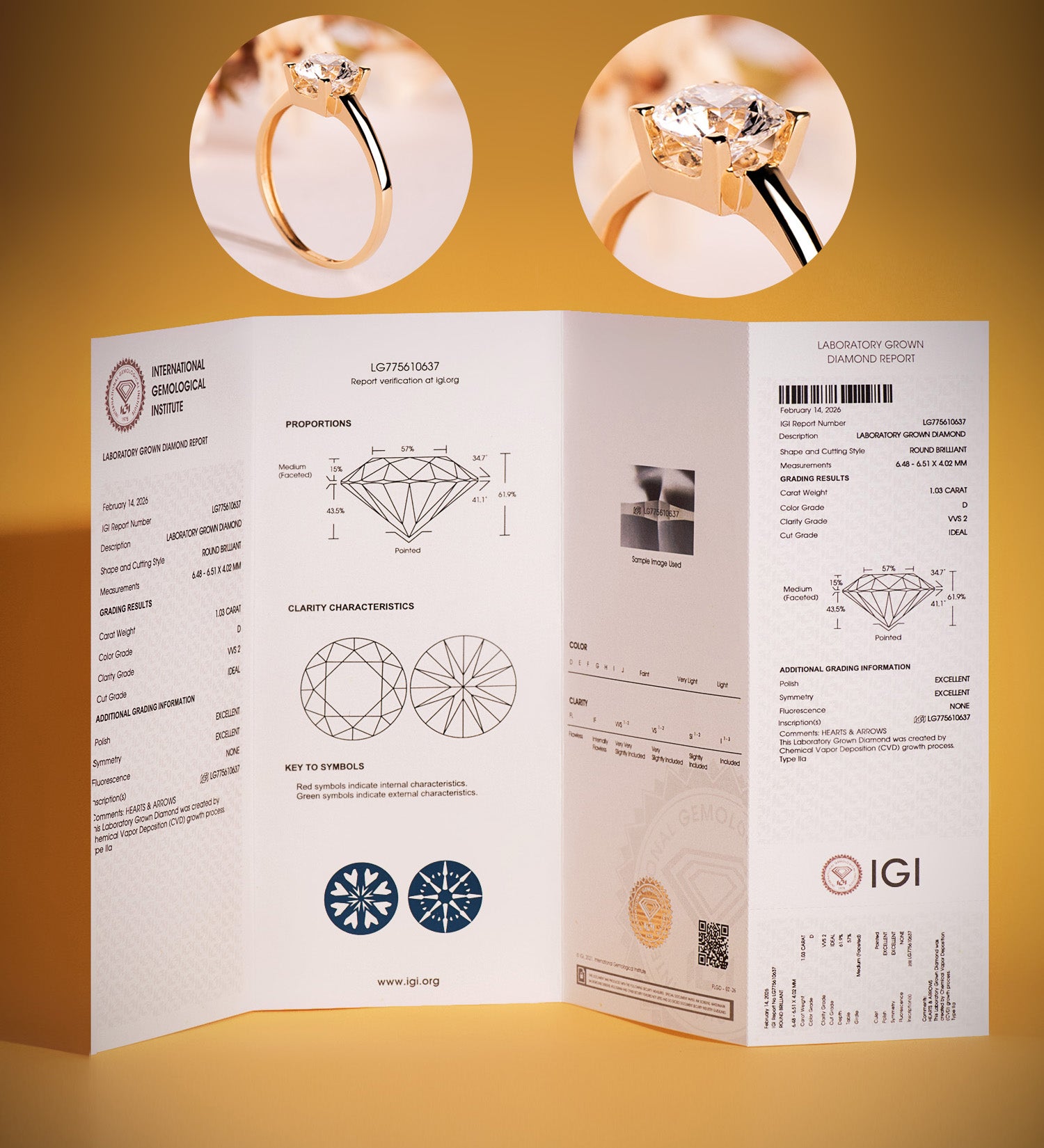 Solitaire in 18 Carat Yellow Gold with 4 Prongs, Set with a 1.03 Carat Lab Diamond, Brilliant Cut. D - VS2