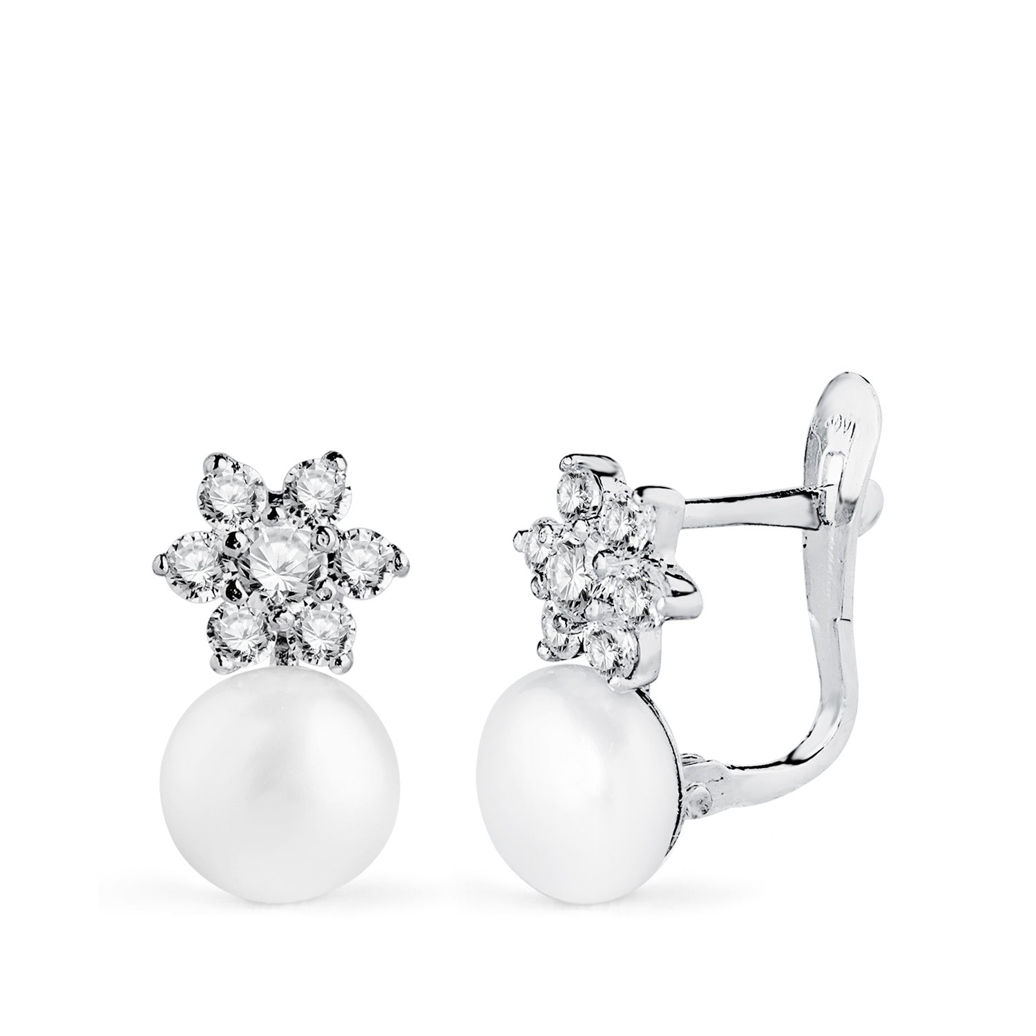 Boucles d'oreilles en Or Blanc 18 Carats avec Perles et Présure avec Zirconies Taille: 12X7 mm Fermoir Catalan