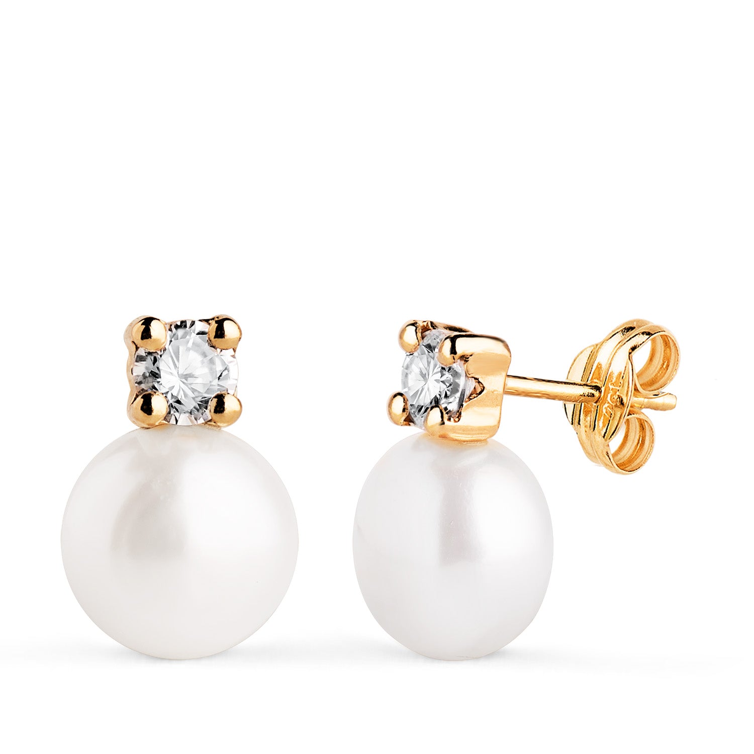 Boucles d'oreilles Or Jaune 18K Toi et Moi Perle avec Zircon Taille : 13 X 9 mm Fermeture à Pression