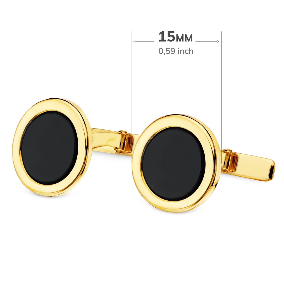 18K Boutons de Manchette Or Jaune et Onyx - Fermoir Bâtonnet Pivotant 15 mm