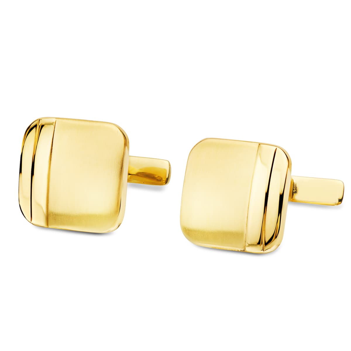 Abotoaduras quadradas em ouro amarelo fosco e brilhante 14X14 mm com fecho rígido giratório
