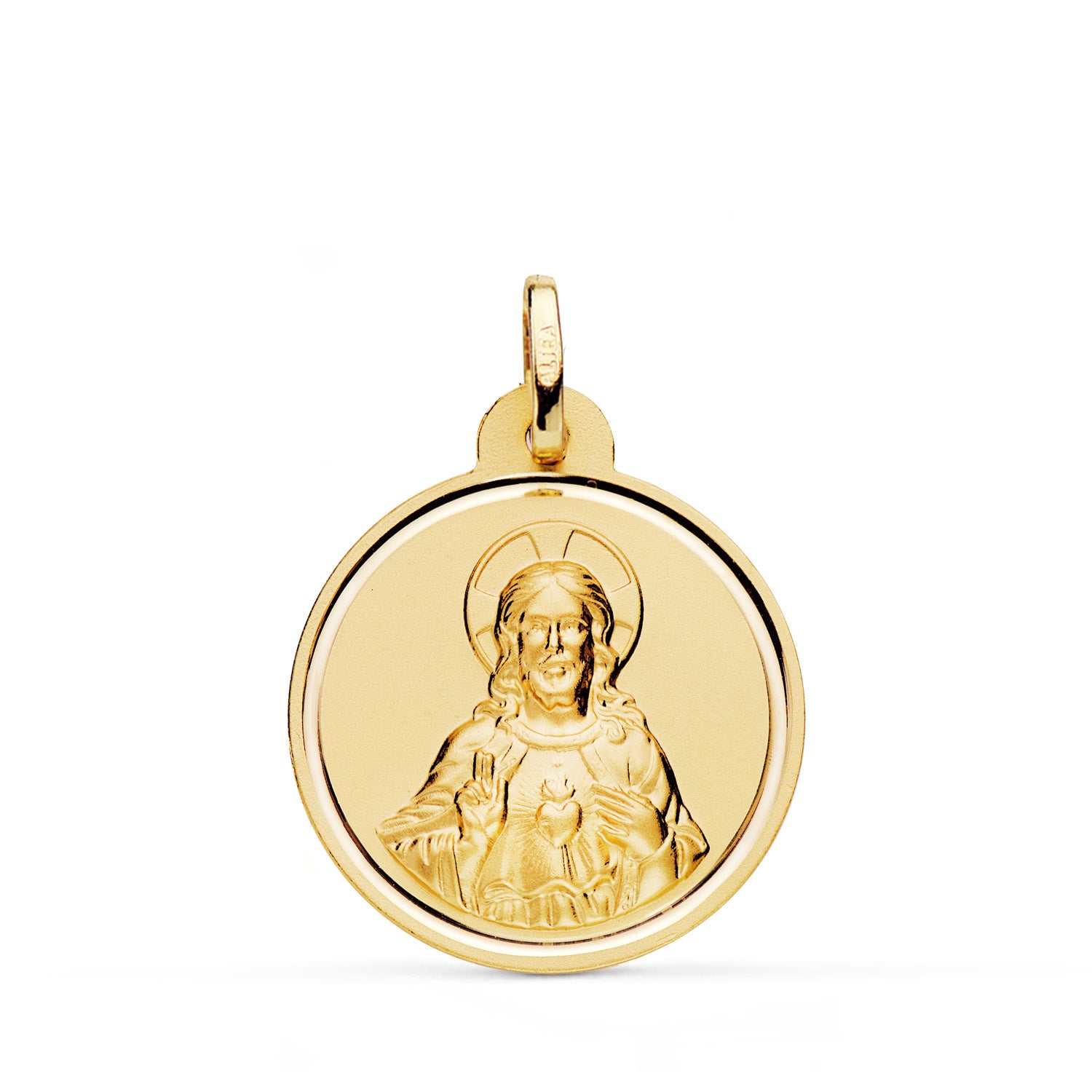 Medalla Oro Amarillo 18K Cristo Sagrado Corazón de Jesús Bisel 22 mm