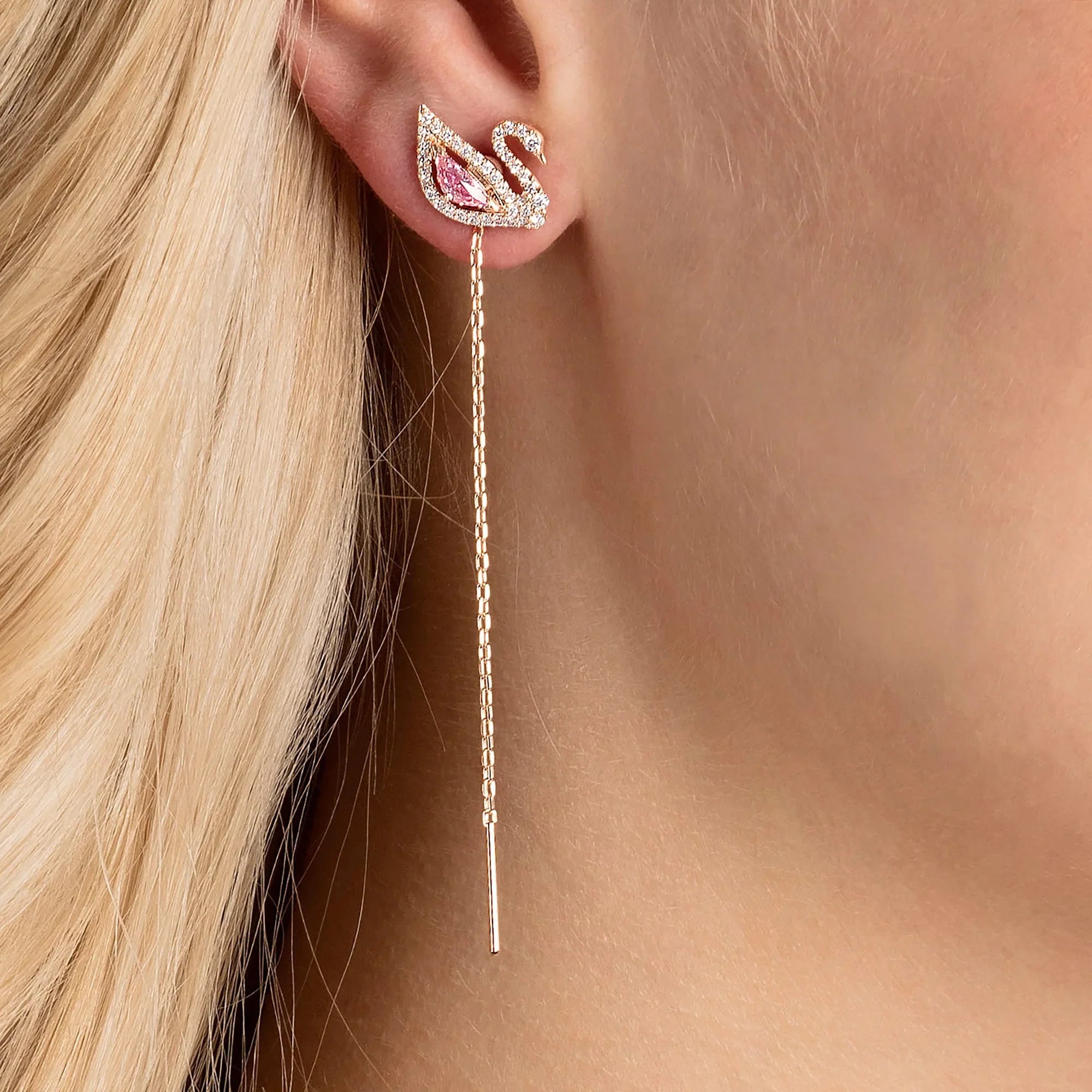 Kadın Göz Kamaştırıcı Kuğu Küpe Pembe Altın Pembe – Swarovski görünümü 2