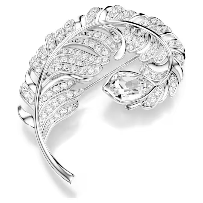 Idyllia - Silver White - Feather Brooch - Swarovski