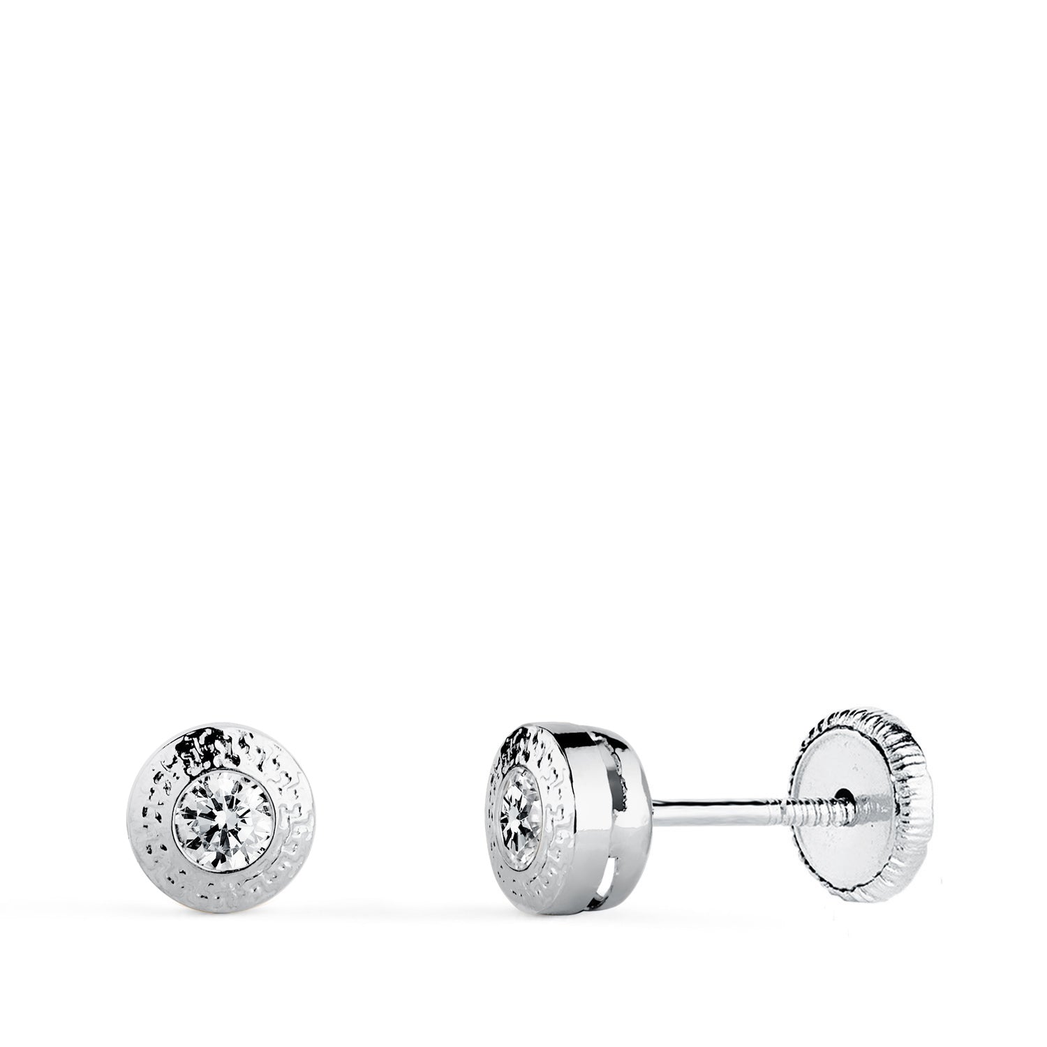 Boucles d'oreilles Chaton en Or Blanc 18K avec Greca et Zircon Cubique 3MM Fermoir a Vis