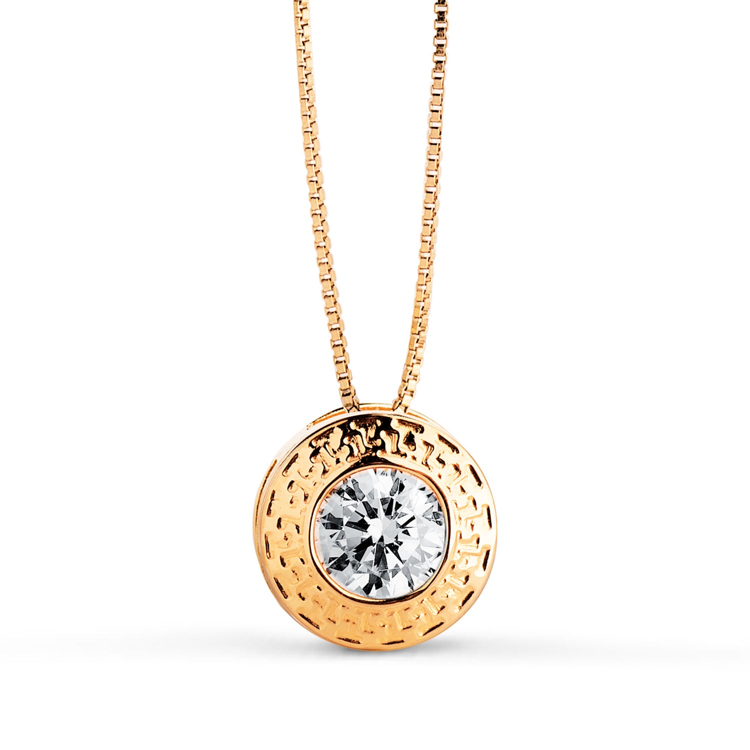 Collier Chaton en Or Jaune 18K avec Zircon et Bordure Grecquemesure : 9 mm Chaîne 42 Cm