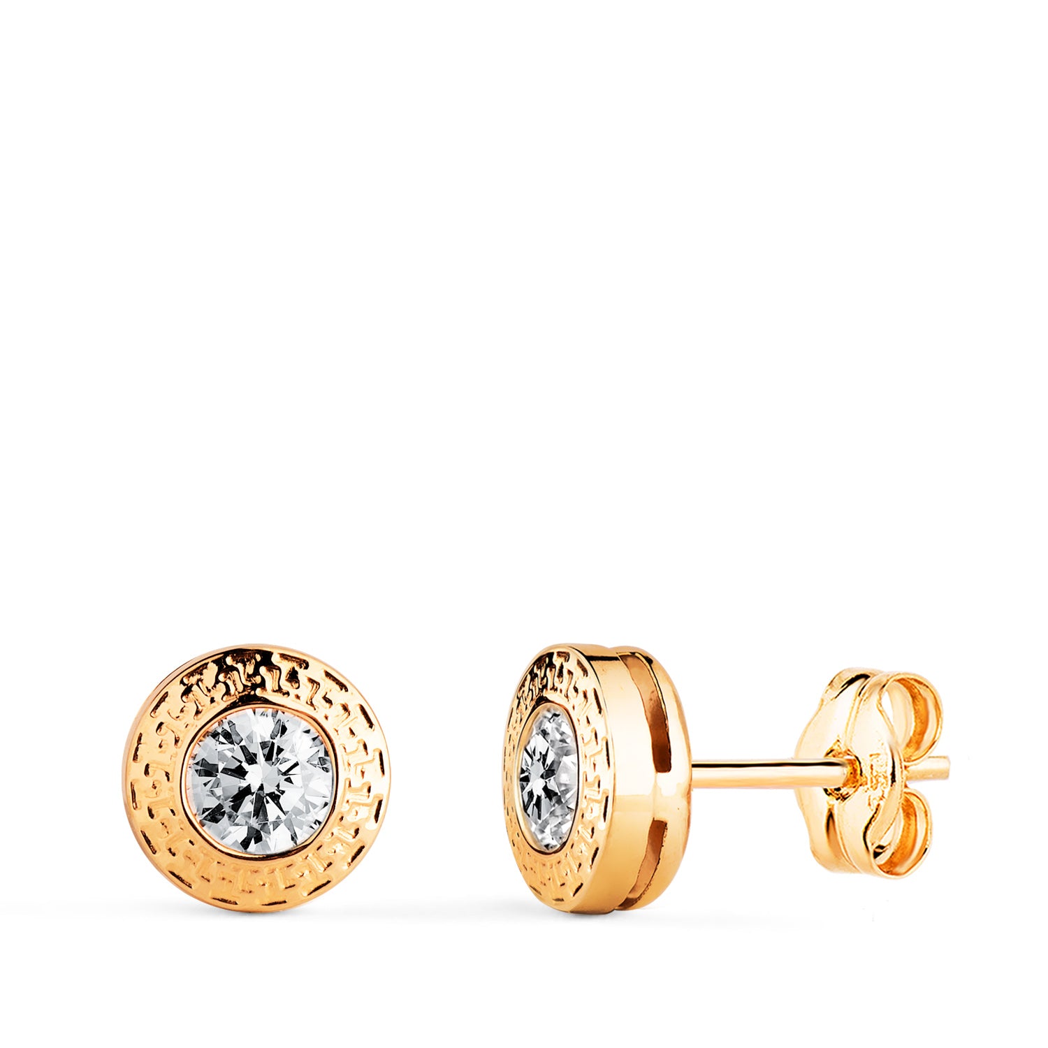 Boucles d'oreilles Or Jaune 18K Rondes 7 mm avec Greca et Zircone Fermoir Poussettes Papillon