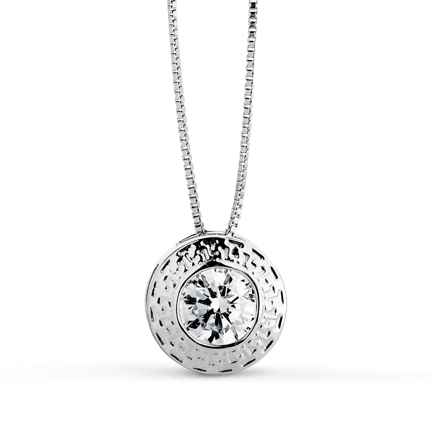 Collier Chaton en Or Blanc 18K avec Zircon et Bordure Ajourée Taille : 9 mm Chaîne 42 Cm