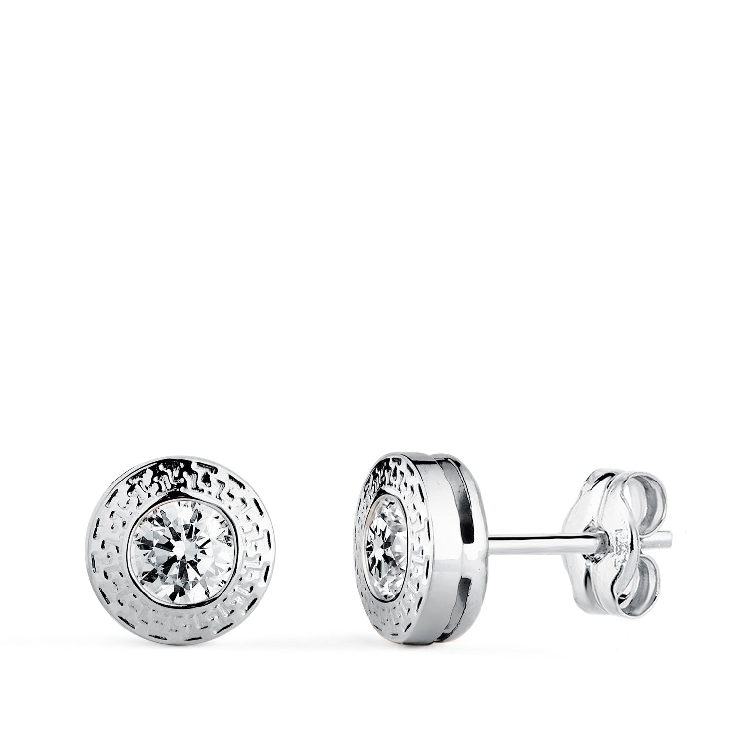 Boucles d'oreilles Rondes 7 mm en Or Blanc 18K avec Greca et Zircone Fermoir Poussettes Papillon